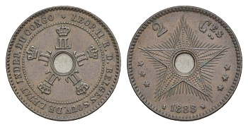 Бельгийское Конго 2 сантима 1888 Свободное государство Конго, Леопольд II (1865-1909) KM 2 медь 4127-432