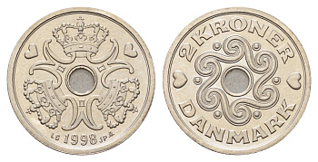 Дания 2 кроны 1998 Маргрете II (1972-2024) KM 874 медно-никель UNC 176-515