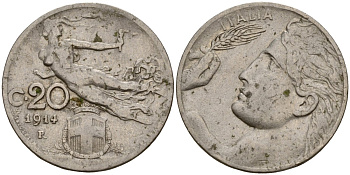 Италия 20 чентезимо 1914 поворот на 20 градусов, брак чекана, R, Виктор Эммануил II (1861-1878) KM 44 никель 443-721