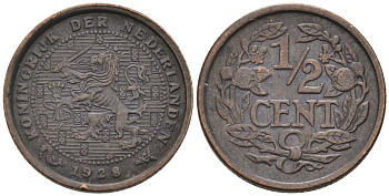 Нидерланды 1/2 цента 1928 Вильгельмина (1890-1948) KM 138 бронза 4576-454