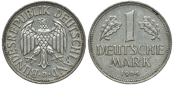 ФРГ 1 МАРКА 1964 D J 385, KM 110 медно-никель 72-731