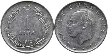 Турция 1 лира 1972 Мустафа Кемаль Ататюрк KM 889а.2 нержавеющая сталь 4364-3512