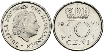 НИДЕРЛАНДЫ 10 ЦЕНТОВ 1979 ЮЛИАНА KM 182 никель 96-353