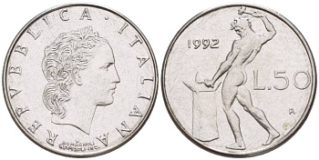 ИТАЛИЯ 50 ЛИР 1992 R, БОГ ОГНЯ ВУЛКАН У НАКОВАЛЬНИ, ДИАМЕТР 17 ММ. KM 95.2 нержавеющая сталь 4551-425
