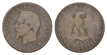 Франция 5 сантимов 1853-1857 A, Наполеон III (1852-1870) KM 777 бронза 36-316