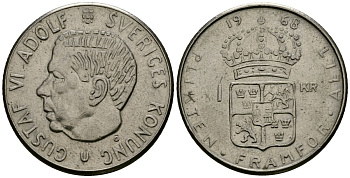 Швеция 1 крона 1968 Густав VI Адольф (1950-1973) KM 826a медь плакированная медно-никелем 4138-824