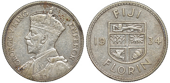 Фиджи 1 флорин 1934 Георг V (1910-1936), герб Фиджи KM 5 серебро 91-1221