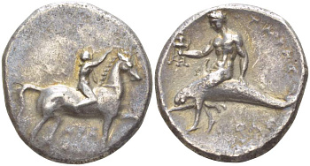 Калабрия, Тарент дидрахма 281-228 гг. до н.э. юноша на лошади / Тарас, герой Тарас на дельфине, вес 7,74 г Vlasto 667 серебро 00-821-51