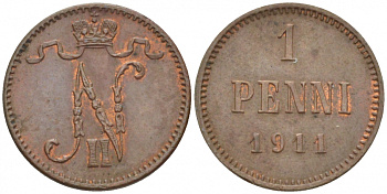 Россия для Финляндии 1 пенни 1911 Николай II (1894-1917) KM 13, Биткин 471 медь 4396-1354