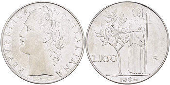 ИТАЛИЯ 100 ЛИР 1968 R, АФИНА, ДИАМЕТР 28 ММ. KM 96.1 нержавеющая сталь 4512-1015