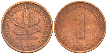 ФРГ 1 ПФЕННИГ 1973 G KM 105, J.380 сталь плакированная медью 4396-1523