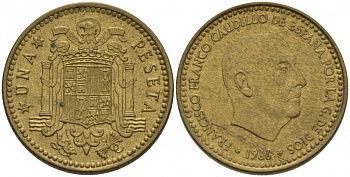 ИСПАНИЯ 1 ПЕСЕТА 1966 (69) ФРАНСИСКО ФРАНКО ДИКТАТОР ИСПАНИИ (1939-1975) КМ 796 алюминиевая бронза 3457-716