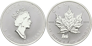 Канада 5 долларов 1993 кленовый лист KM 187 серебро UNC 1080-8-12