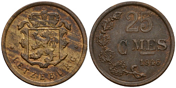 Люксембург 25 сантимов 1946 Шарлотта (1918-1964) KM 45 бронза 4532-244