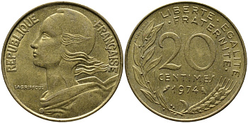 ФРАНЦИЯ 20 САНТИМОВ 1974 ТИП MARIANNE KM 930, LE FRANC 156.14 алюминиевая бронза 98-335