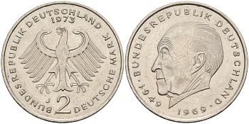 ФРГ 2 марки 1973 J, Конрад Аденауэр J.406  KM 124 медно-никель плакированный никелем    92-826