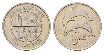 Исландия 5 крон 1981 дельфины KM 28 медно-никель 4591-913