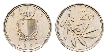 Мальта 2 цента 1991 оливковая ветвь KM 94 медно-никель UNC 4655-155