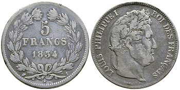 Франция 5 франков 1834 I, Луи Филипп I (1830-1848) KM 749.6 серебро 1066-6-21