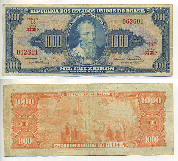 БРАЗИЛИЯ 1000 КРУЗЕЙРО 1963 ВЫПУСК 1А, СЕРИЯ 3739, ПОДПИСЬ 12 Pick 173с бумага 6266-42-4-2