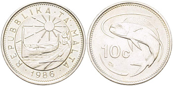 Мальта 10 центов 1986 золотая макрель KM 76 медно-никель 4523-1033