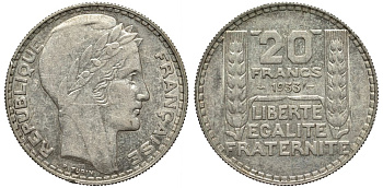Франция 20 франков 1933 Пьер Тюрен KM 879, Le Franc 400.3 серебро 00-1067-4-31