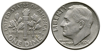 США 10 центов (дайм) 1974 Франклин Рузвельт KM 195а медь плакированная медно-никелем 73-1519