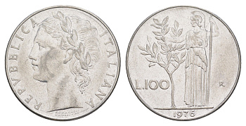 Италия 100 лир 1976 R, Афина у оливкого дерева KM 96.1 нержавеющая сталь 4529-323