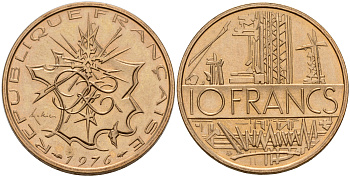 Франция 10 франков 1976 тип Матье KM 940, Le Franc 365.7-8 никель латунь  UNC  4187-327