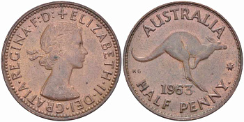 Австралия 1/2 пенни 1963 p, Елизавета II (1952-2022), кенгуру KM 61 бронза 60-1326