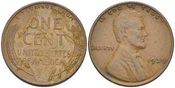 США 1 ЦЕНТ 1939 ЛИНКОЛЬН KM 132 бронза 218-361