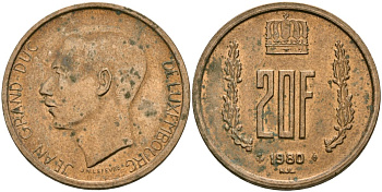 Люксембург 20 франков 1980 герцог Жан (1964-1999) KM 58 алюминиевая бронза 4120-1145