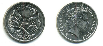 АВСТРАЛИЯ 5 ЦЕНТОВ 2006 ЕЛИЗАВЕТА II, ТРЕТИЙ ПОРТРЕТ, ЕХИДНА KM 401 медно-никель 46-2259