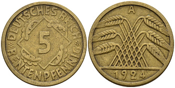 Германия 5 рентенпфеннигов 1924 A KM 32, J. 308 алюминиевая бронза 4151-653