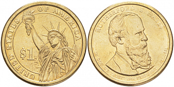 США 1 ДОЛЛАР 2011 D, СЕРИЯ ПРЕЗИДЕНТЫ США - РЕТЕРФОРД ХЕЙЗ (1877-1881) KM 501 медь с марганцево-латунным покрытием UNC M31-14