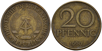 ГДР 20 пфеннигов 1969 А, первый год KM 11 латунь 4601-521