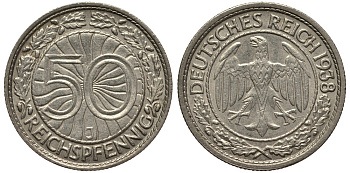 Германия 50 рейхспфеннигов 1933 J, цена по каталогу МТ 180 евро J. 324, KM 49 никель 413-3734