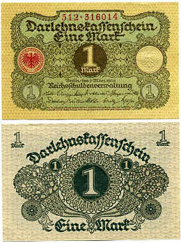 ГЕРМАНИЯ 1 МАРКА 1920 1 МАРТА 1920, ВЕЙМАРСКАЯ РЕСПУБЛИКА Pick 58 бумага аUNC 7548-64-2-1