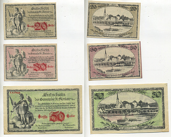 Австрия набор из 3 банкнот 1920 15 мая 1920-30 октября 1920, нотгельд, 20, 30 ,50 геллеров, ST. FLORIAN am JNN, первый выпуск   бумага  XF 7555-4-1-2