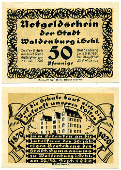 ВАЛЬДЕНБУРГ 50 ПФЕННИГОВ 1920 29 СЕНТЯБРЯ 1920 - 31 ДЕКАБРЯ 1920, НОТГЕЛЬД, ЗЕМЛЯ СИЛЕЗИЯ Grabowski 1371.8 бумага 2193-17-3-1