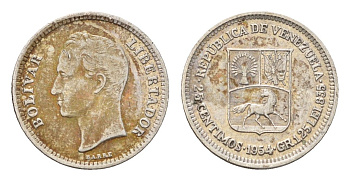 Венесуэла 25 сентимо 1954 Симон Боливар, год-тип Y 35 серебро 218-536