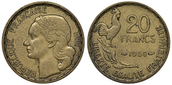 Франция 20 франков 1950 петух, полная надпись, 3 пера KM 916.1, Le Franc 401.2 алюминиевая бронза 4128-527