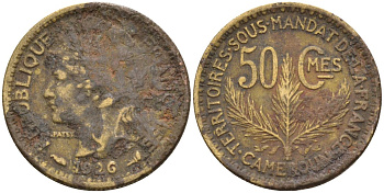 Камерун 50 сантимов 1926 (a), мондвор Париж KM 1 алюминиевая бронза 4164-1253