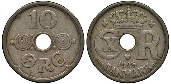 ДАНИЯ 10 ЭРЕ 1925 NCN; GJ, КРИСТИАН X (1912-1947) KM 822.1 медно-никель 4549-861
