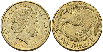 Новая Зеландия 1 доллар 2008 Елизавета II (1952-2022), птица киви  KM 120 алюминиевая бронза 56-1453