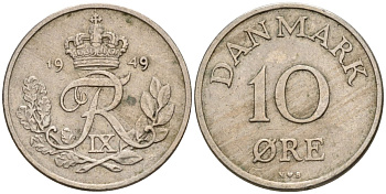 Дания 10 эре 1949 Фредерик IX (1947-1972) KM 841 медно-никель 4147-547