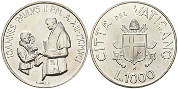 Ватикан 1000 лир 1991 Иоанн Павел II (1978-2005) KM 234 серебро UNC 32-1236