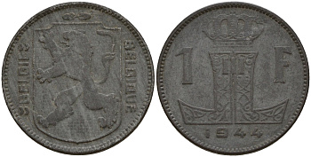 Бельгия 1 франк 1944 Belgie - Belgique, Леопольд III (1934-1947), германская оккупация, Вторая мировая война KM 128 цинк 4161-541