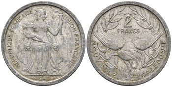 Французская Новая Каледония 2 франка 1949 птица кагу, (IEOM) KM 3, Schoen 3, Lec 55 алюминий    27-251