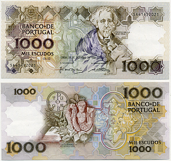 ПОРТУГАЛИЯ 1000 ЭСКУДО 1990 20.12.1990, Теофилу Брага, подписи 1-1 Pick 181h бумага aUNC 8564-9-1